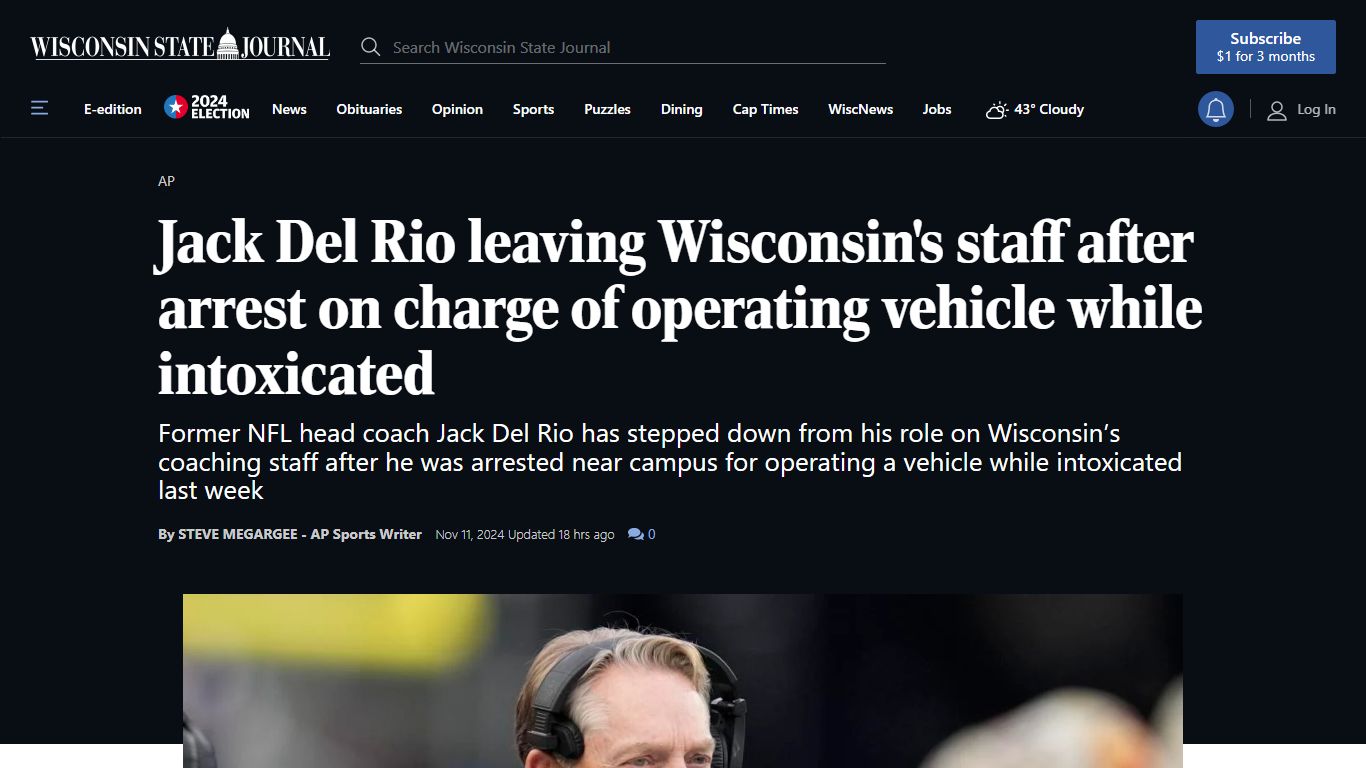 Jack Del Rio leaving Wisconsin's staff after arrest on charge of ...