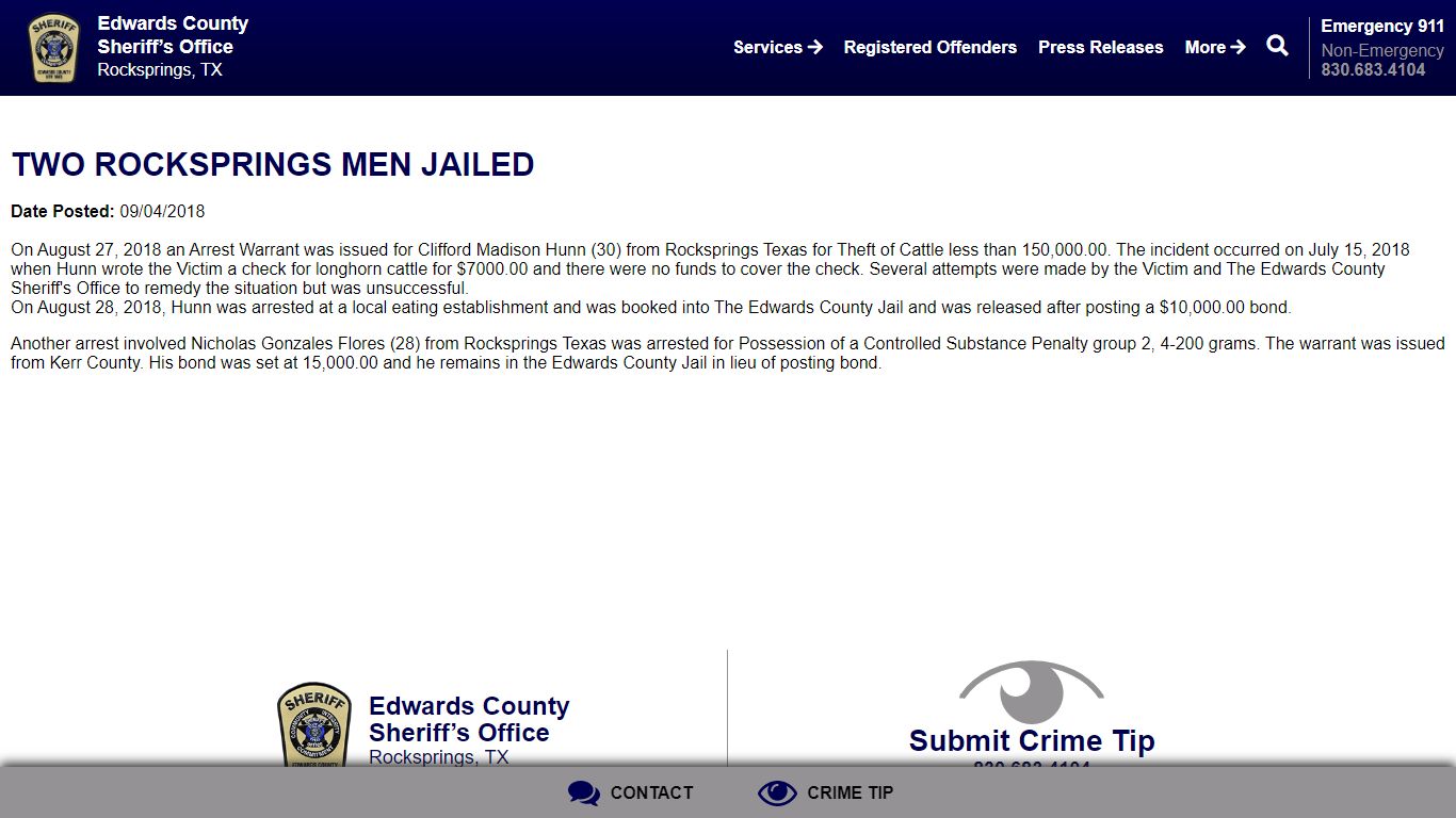 Two Rocksprings Men Jailed | Edwards County Sheriff’s Office